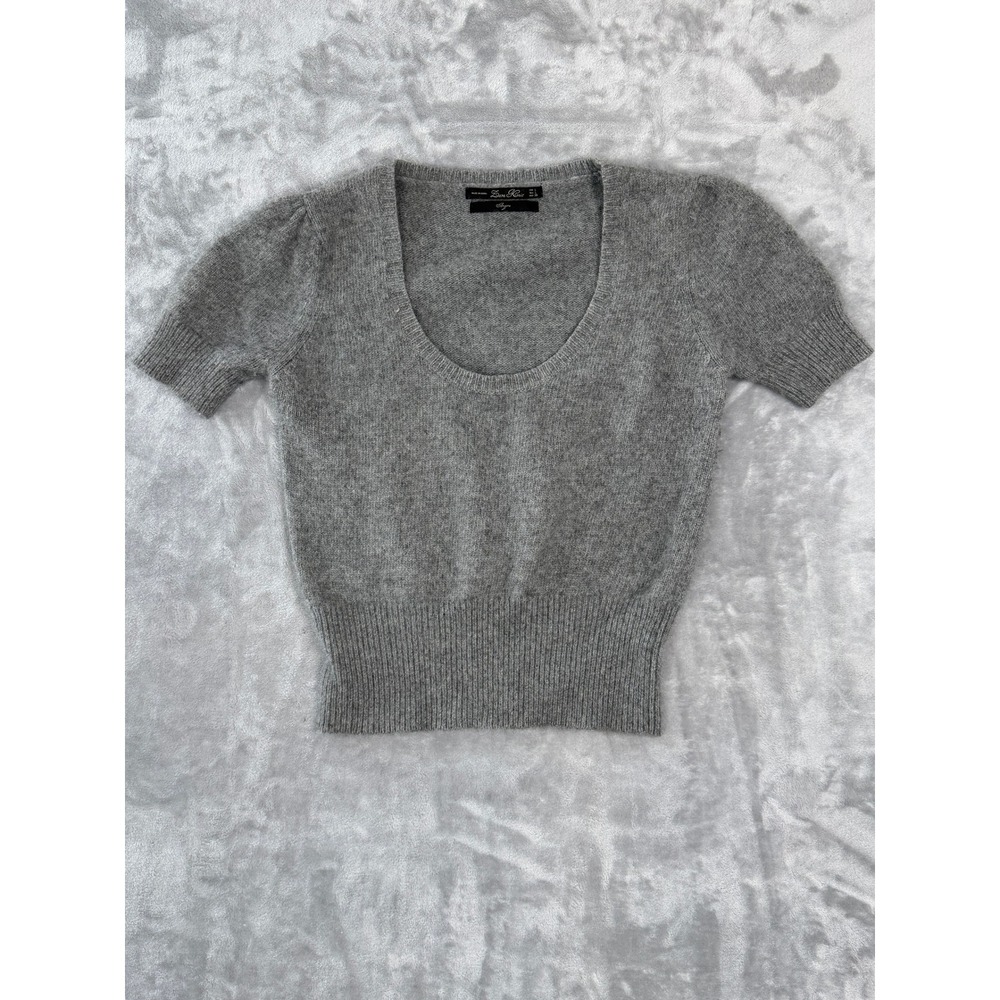 Zara Angora Knit Sweater Top Size L Gray Puff Short Sleeve Winter Layering Cozy